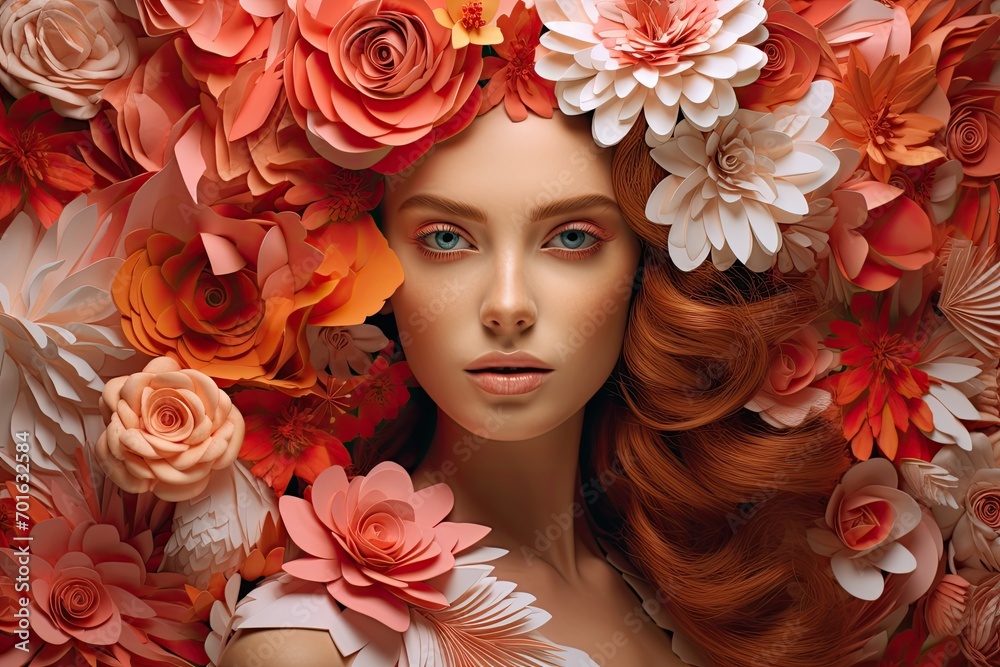 The Enchanting Beauty of a Red-Haired Woman adorned with Flowers. A fictional character created by Generative AI. 