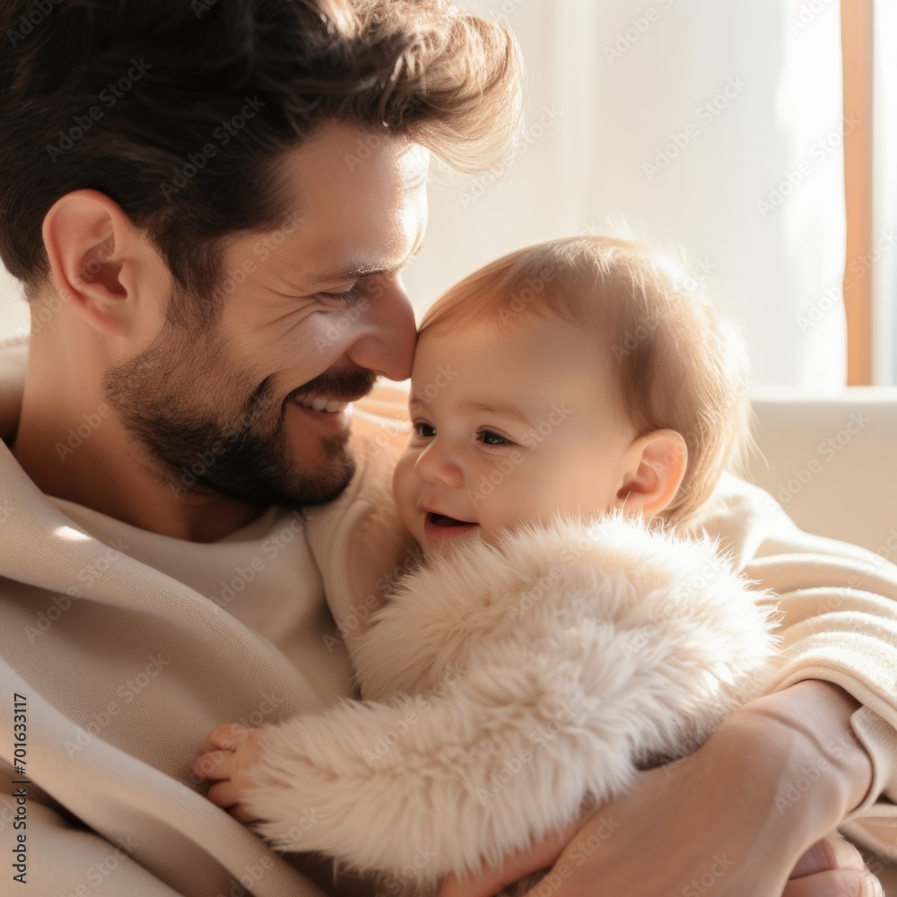 a closeup of father and baby on his lap light daylight minimalistic beige clothes real photo a closeup of father and baby on his lap light daylight minimalistic beige clothes real photo