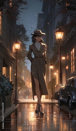 a full body picture of a s woman wearing a dress fedora detective walking the streets at night streetlights full