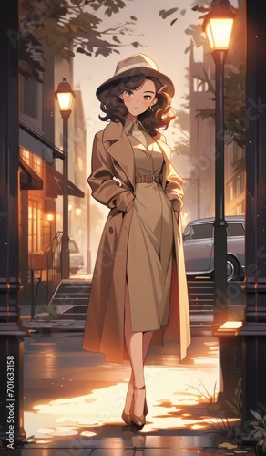 a full body picture of a s woman wearing a dress fedora detective walking the streets at night streetlights full