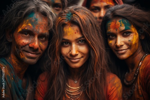 A group of Hindu people covered with colorful paint for the Holi festival lifestyle photography photorealism