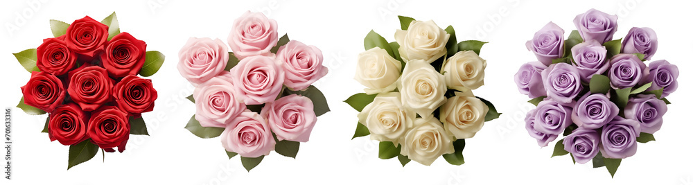 Obraz premium Collection set of red pink cream lavender violet bouquet bunch of rose roses flower floral top view on transparent background cutout, PNG file. Mockup template artwork graphic design