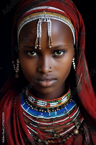 a high definition photograph of a beautifull young women massai worrior shy expression in beads and photo