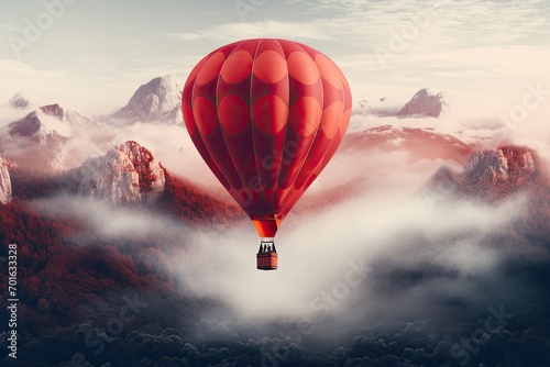 The Red Balloon Floating High in the Cloud-filled Sky photo