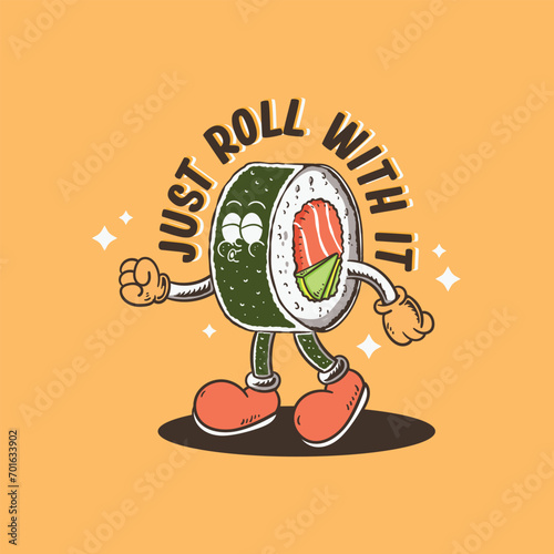 retro cartoon sushi roll character illustration