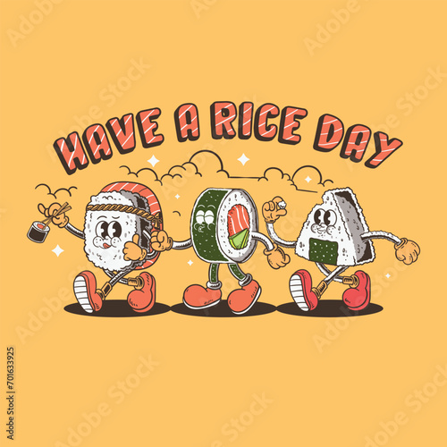 set of cartoon character japanese sushi illustration