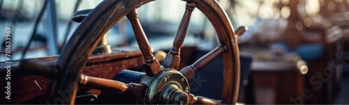 Steering wheel on ship . Banner