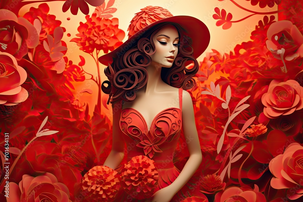 Female Fashion Doll in a Red Dress. A fictional character created by Generative AI. 