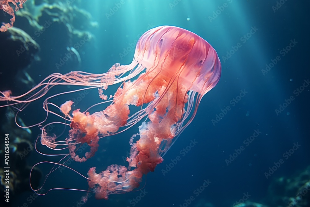 Obraz premium fluorescent medusa in its natural habitat. sea or ocean, underwater life. marine background. a glowing jellyfish.