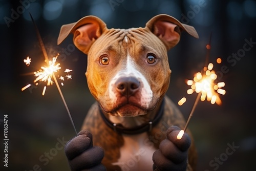An American pit bull terrier on a festive background with a side. a pet and a festive atmosphere. a dog celebrates a birthday or Christmas. photo