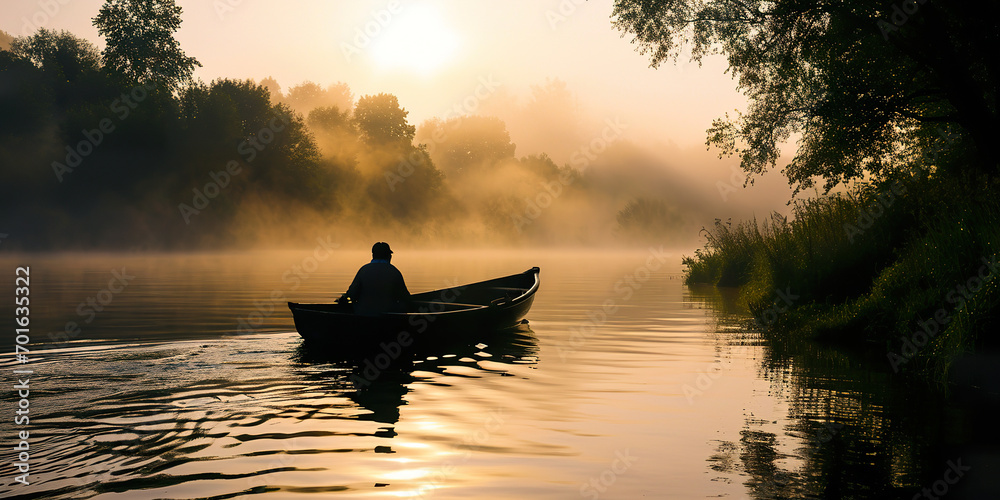 Fisherman in a boat at dawn, serene and content.