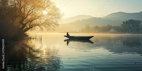 Fisherman in a boat at dawn, serene and content. © EOL STUDIOS