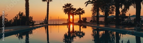 Sunset with silhuettes palm and reflection in swimming pool. Banner