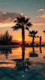Sunset with silhuettes palm and reflection in swimming pool. Vertical background 
