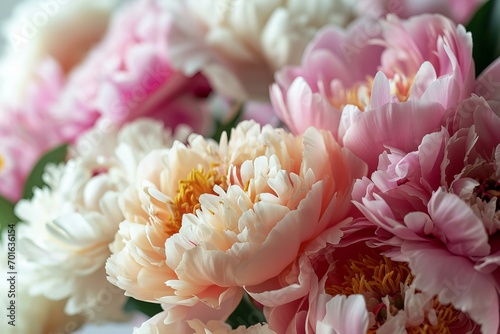 Close up macro of beautiful peonies in different colors pink, pastel peach, white color