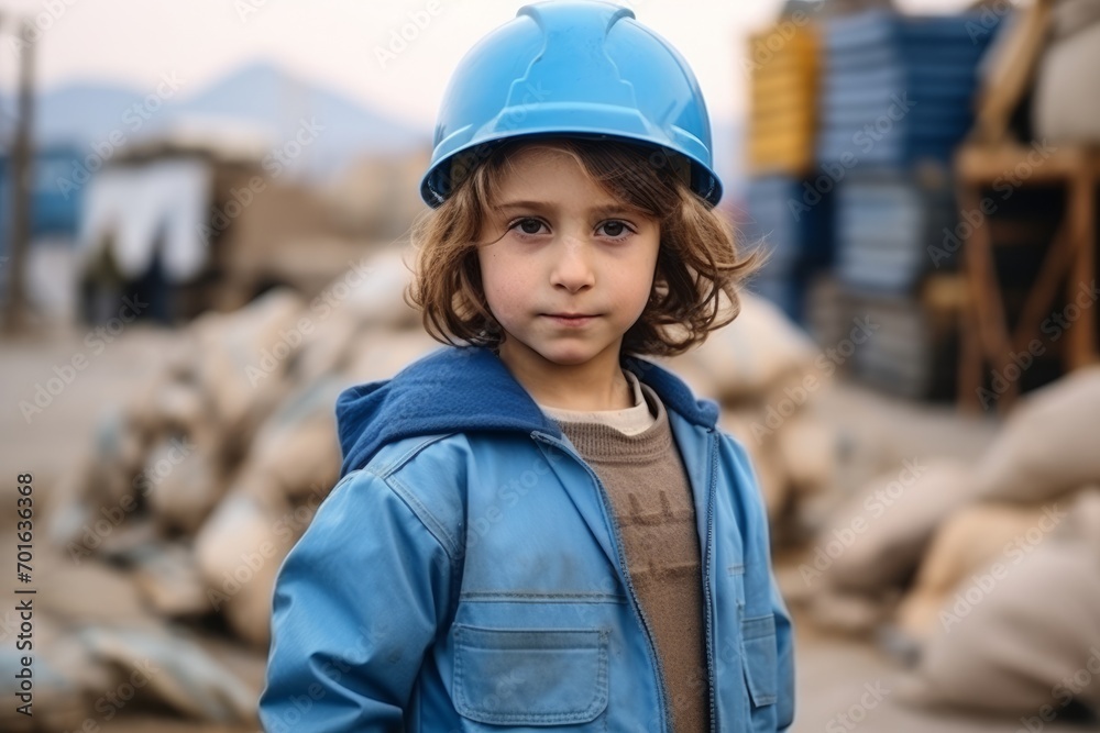 Portrait of a cute little boy wearing a blue safety helmet in a construction site