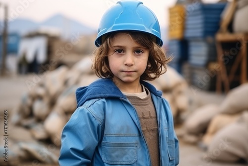 Portrait of a cute little boy wearing a blue safety helmet in a construction site © Nerea
