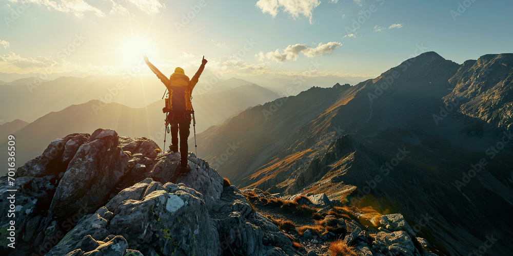 Fototapeta premium Hiker reaching the summit of a mountain, arms raised in triumph.