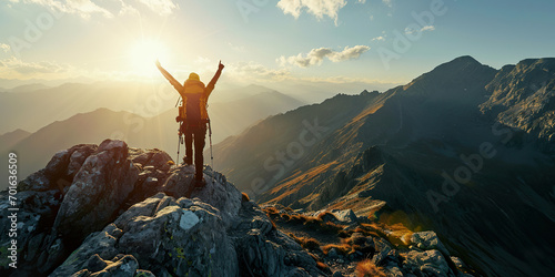 Papier peint Hiker reaching the summit of a mountain, arms raised in triumph.
