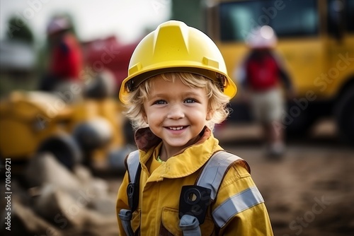 Portrait of a cute little boy in a construction helmet smiling at the camera © Nerea
