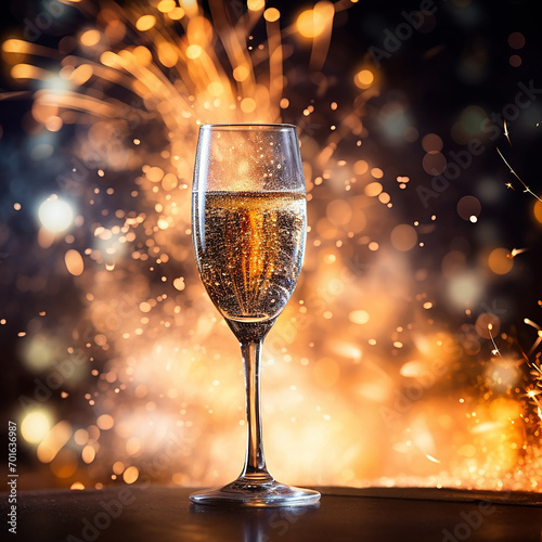 glasses of champagne against the backdrop of festive fireworks and gold sparkles. festive background for Christmas, New Year. AI generated