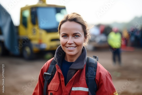 Portrait of happy female firefighter standing in front of truck at construction site