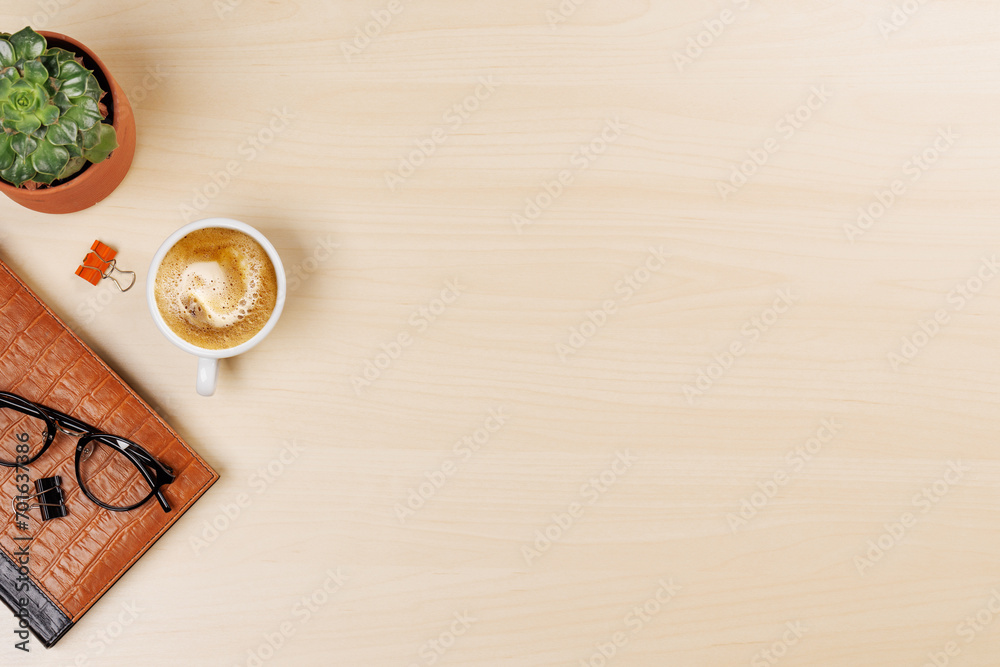 Workplace essentials: Coffee, notepad, supplies Workplace essentials: Coffee, notepad, supplies