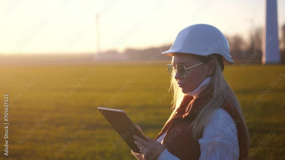 Female engineer working in the wind turbine power industry. Ecological energy, industrial energy, windmill, renewable energy for field workers Female engineer working in the wind turbine power industry. Ecological energy, industrial energy, windmill, renewable energy for field workers