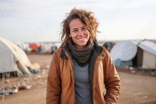 Portrait of a beautiful young woman smiling at the camera while standing in front of a tent on the beach © Nerea