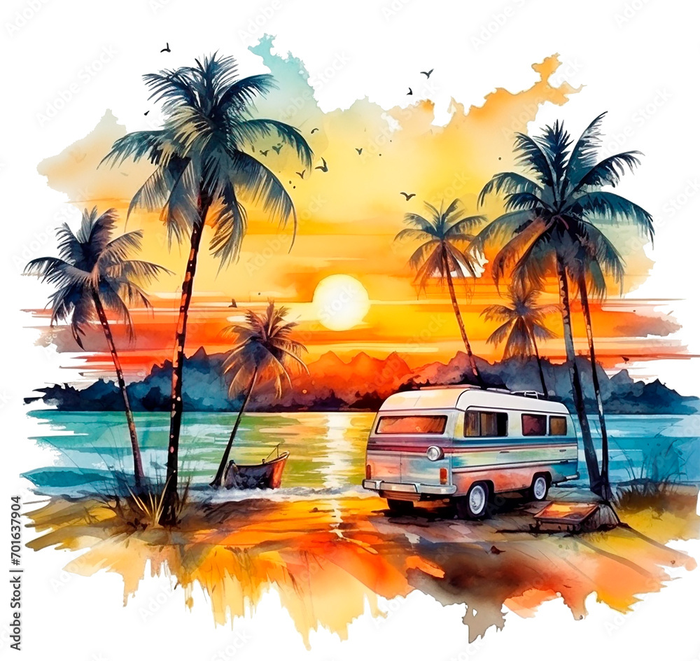 Перейти к странице
|12345Далее
watercolor drawing, sunset landscape by the sea with a mobile home. car travel, beautiful tropical landscape with palm trees and sea