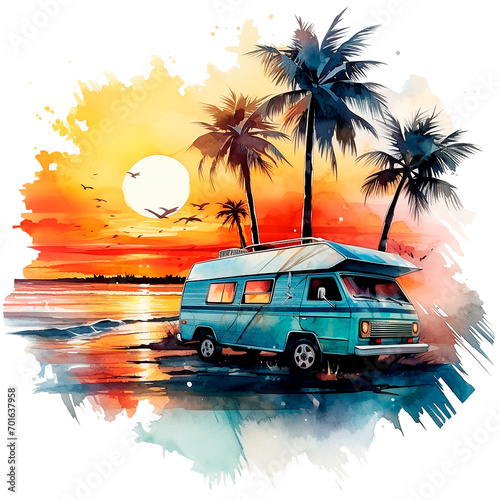 Перейти к странице |12345Далее watercolor drawing, sunset landscape by the sea with a mobile home. car travel, beautiful tropical landscape with palm trees and sea
