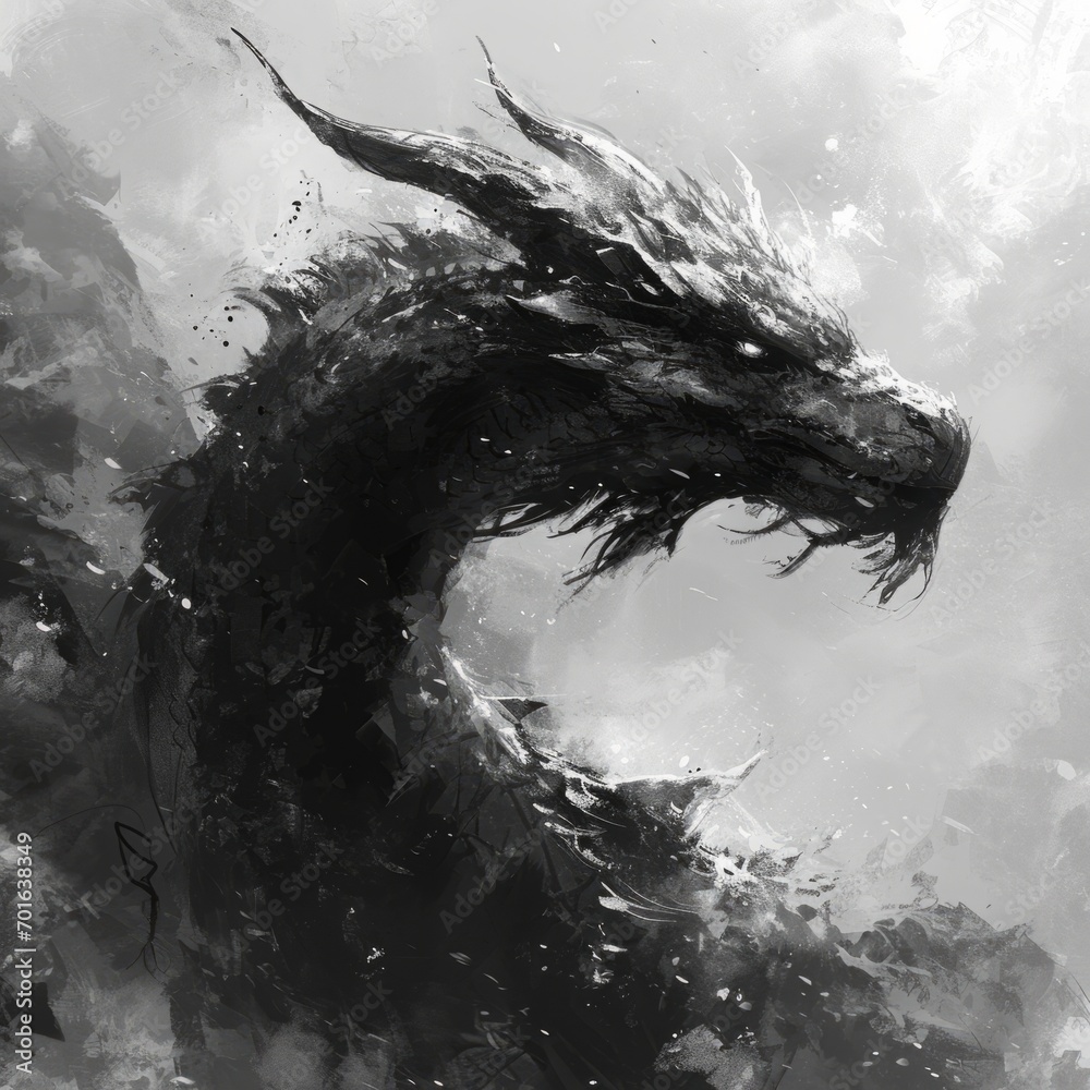 Black and white painting of a dragon. Year of the dragon concept Stock ...