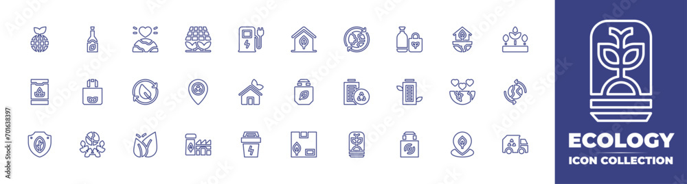 Ecology line icon collection. Editable stroke. Vector illustration. Containing earth, recycling, eco house, eco bag, eco packaging, ecology, eco friendly, shield, charging station, solar panel. 