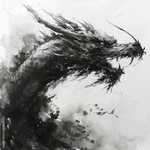 Black and white painting of a dragon. Year of the dragon concept