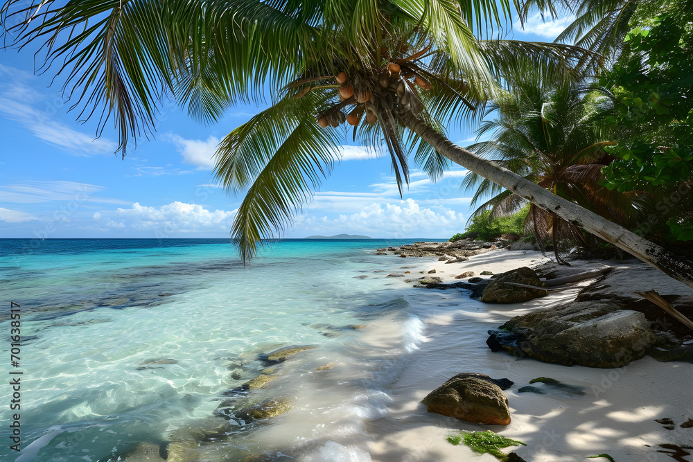 Fototapeta premium Tropical Paradise Beach with Palm Trees and Crystal Clear Water – Relaxation and Vacation Concept