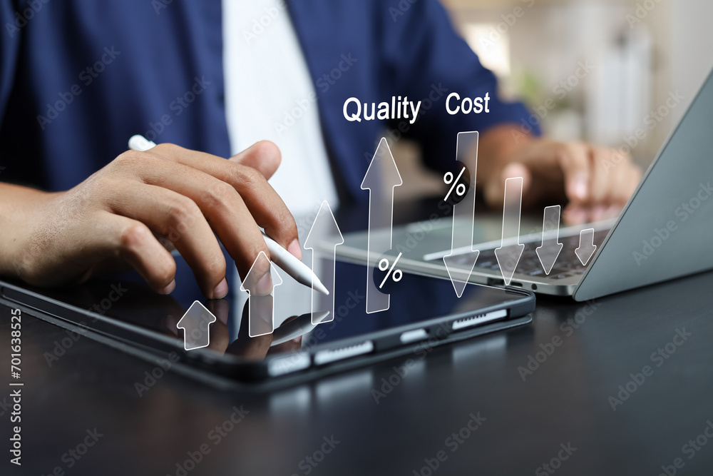 Business strategy success Cost and quality control for effective management Achieving goals, Businessman analyzing growth graph and cost reduction, Success business growth for long-term investments. - obrazy, fototapety, plakaty 