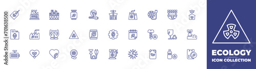 Ecology line icon collection. Editable stroke. Vector illustration. Containing greens, plant, eco friendly, eco tag, fuel, eco factory, package, gear, ecology, eco fuel, green house, green factory.