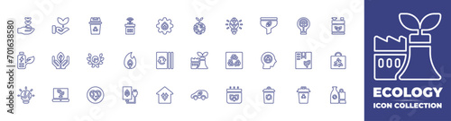 Ecology line icon collection. Editable stroke. Vector illustration. Containing recycle bin, planet, fair trade, plant, eco battery, eco bulb, ecology, eco friendly, eco, eco factory, eco car, battery.