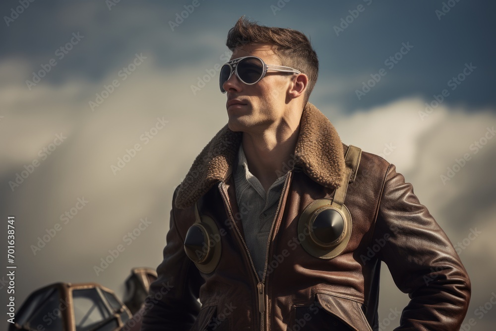 Handsome young man in leather jacket and sunglasses on cloudy sky background