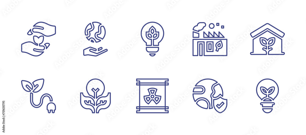 Ecology line icon set. Editable stroke. Vector illustration. Containing growth, renewable energy, ecological, eco house, ecologism, ecology and environment, planet earth, light bulb, radiation.