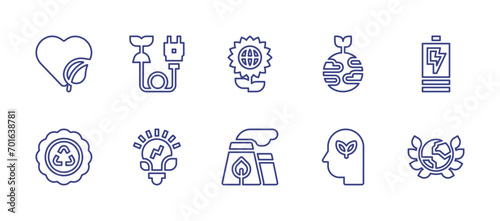 Ecology line icon set. Editable stroke. Vector illustration. Containing eco friendly, eco, ecology, eco battery, green energy, flower, cooling tower.