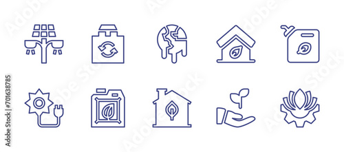 Ecology line icon set. Editable stroke. Vector illustration. Containing light, solar energy, eco house, eco fuel, ecological, recycle bag, global warming, biofuel, green house.
