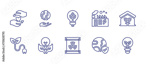 Ecology line icon set. Editable stroke. Vector illustration. Containing growth, renewable energy, ecological, eco house, ecologism, ecology and environment, planet earth, light bulb, radiation.