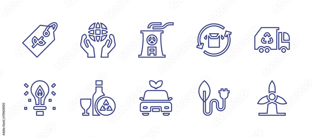 Ecology line icon set. Editable stroke. Vector illustration. Containing eco tag, ecological, recycling, green energy, windmill, world, glass recycling, cooling tower, electric car.