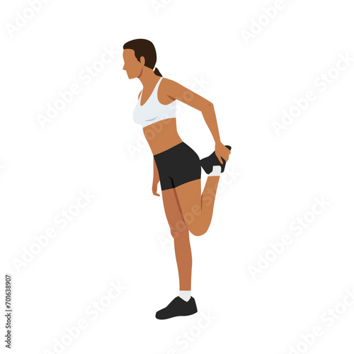Woman doing quadriceps stretch, cool down exercise. Balance pose, flexibility improvement. Flat vector illustration isolated on white background