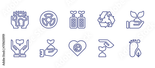Ecology line icon set. Editable stroke. Vector illustration. Containing planet earth, plant, ecology, carbon footprint, battery, love, nuclear energy, recycle, sprout, growth.