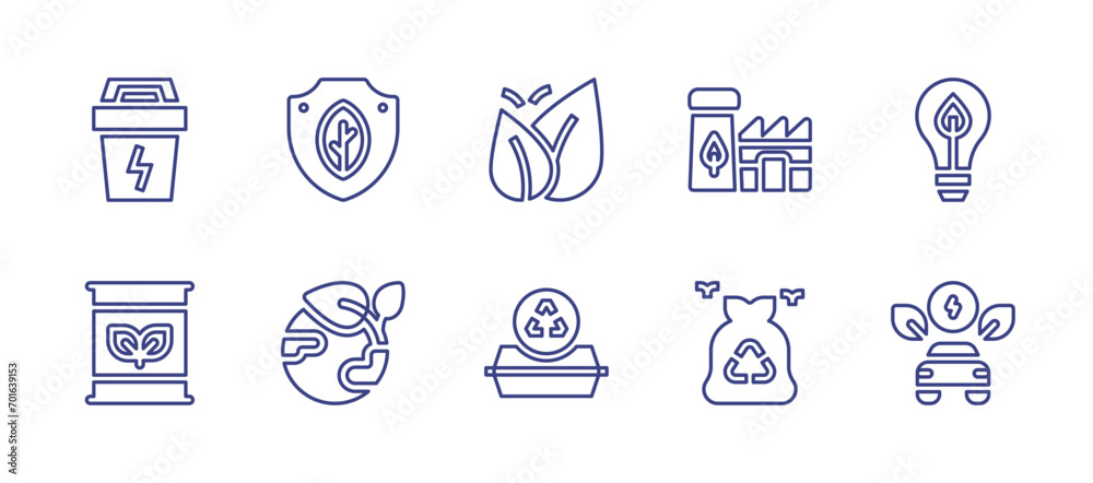 Ecology line icon set. Editable stroke. Vector illustration. Containing recycling, food container, shield, eco light, ecologic, eco friendly, energy, factory, biofuel, waste.