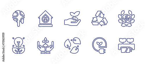 Ecology line icon set. Editable stroke. Vector illustration. Containing ecology and environment, biodegradable, eco house, ecology, eco energy, global warming, recycle, bio, green energy.
