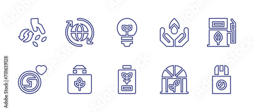 Ecology line icon set. Editable stroke. Vector illustration. Containing eco, eco fuel, eco bag, eco light, eco battery, planting, save water, world environment day, greenhouse.