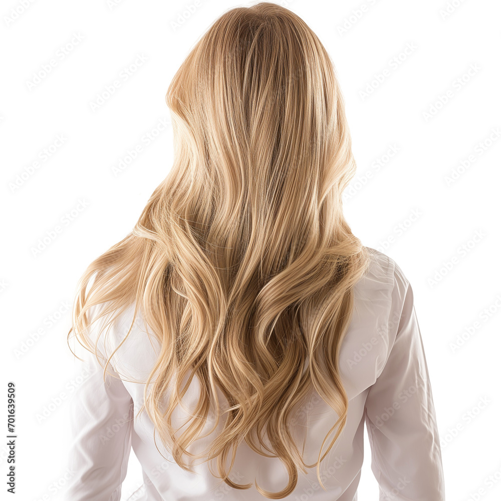 Naklejka premium Back view of a woman with long blond hair isolated on a white background